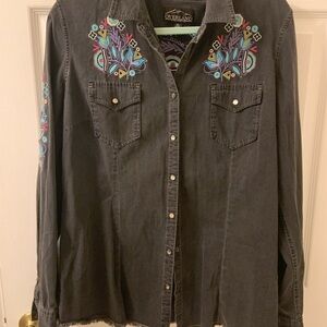 Overland Embroidered black Denim Shirt